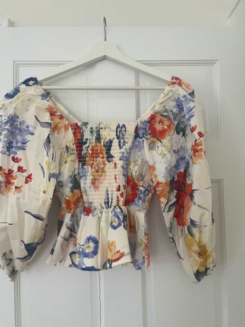 Express Cream Floral Smocked Peplum Blouse